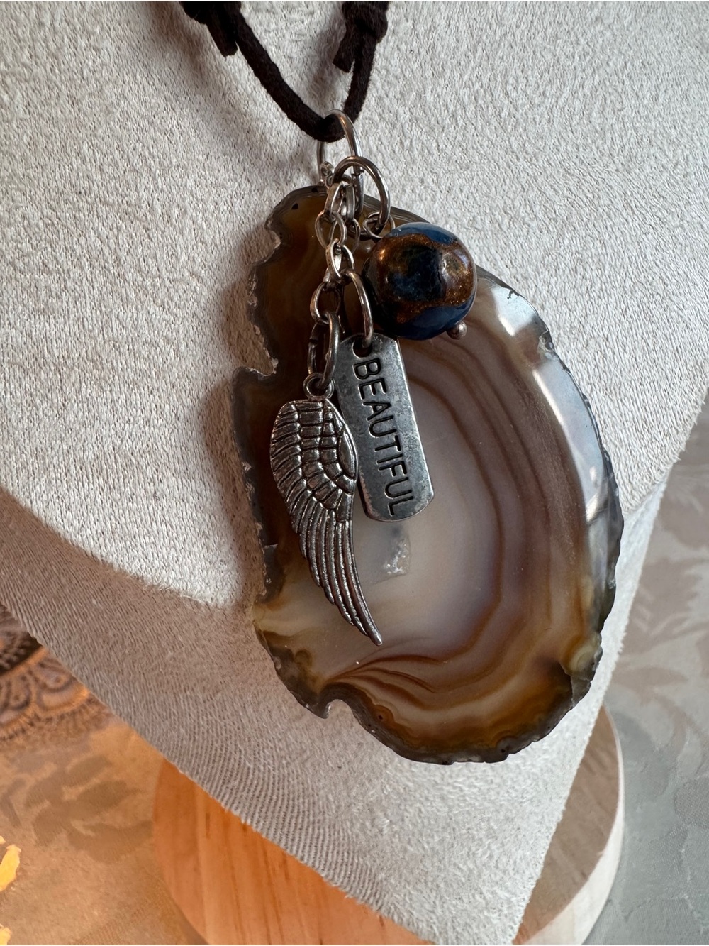 Agate Slice Pendant Necklace with Wing Charm - Brown & Gray